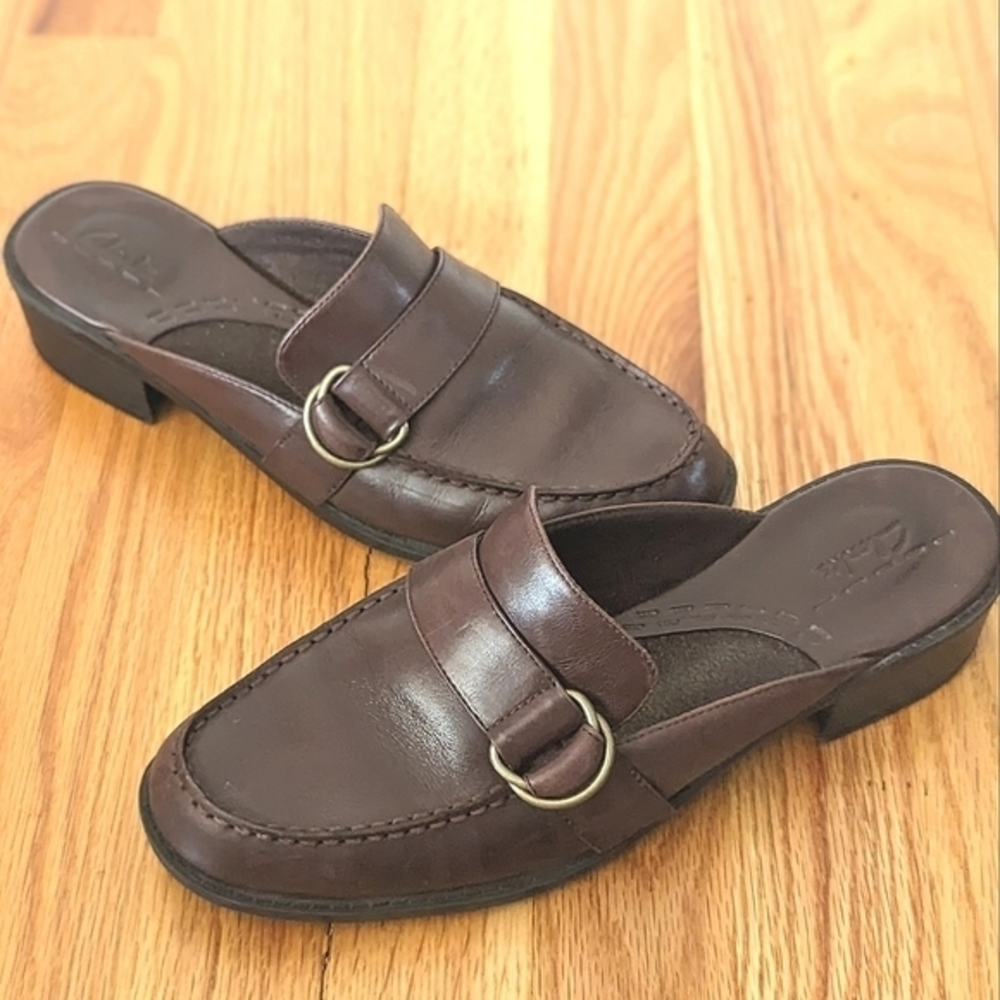 Clark's Buckle Accent Slip on Heel‎ Loafer Clog, Dark Brown, Size 8.5